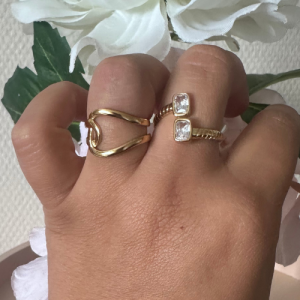 Bague Duo Cristaux Rectangle – Acier Inoxydable Doré