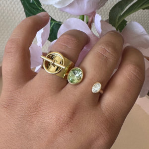 Élégante et raffinée, cette bague dorée en acier inoxydable est sertie d’un cristal vert lumineux et d’un cristal blanc étincelant. Ajustable et durable.