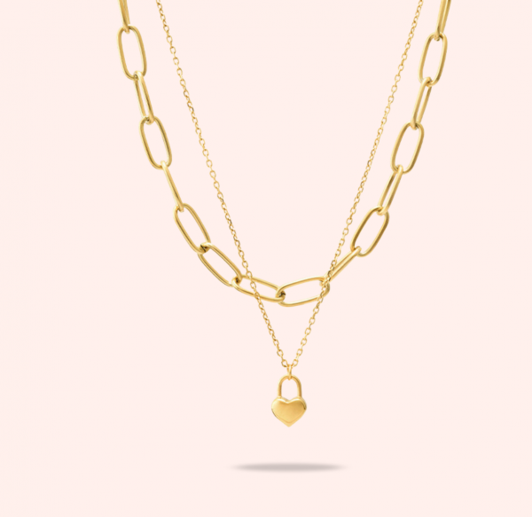 Collier Double Chaîne Dorée Cadenas Cœur – Gravure – Image 2