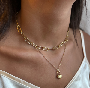 Collier Double Chaîne Dorée Cadenas Cœur – Gravure
