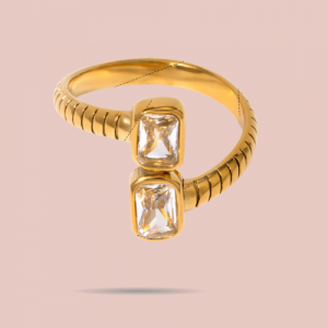 Bague Duo Cristaux Rectangle – Acier Inoxydable Doré