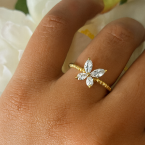 Bague Dorée Papillon Zirconium en Acier Inoxydable